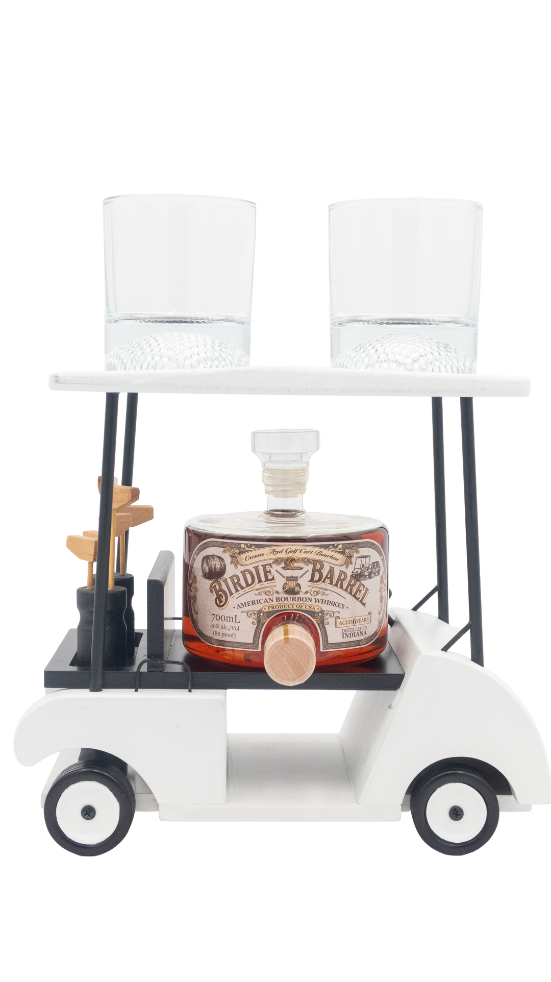 Oceano Azul Birdie Barrel 6 Year Bourbon Whiskey in a white rolling golf cart display with two glasses and decorative golf clubs.