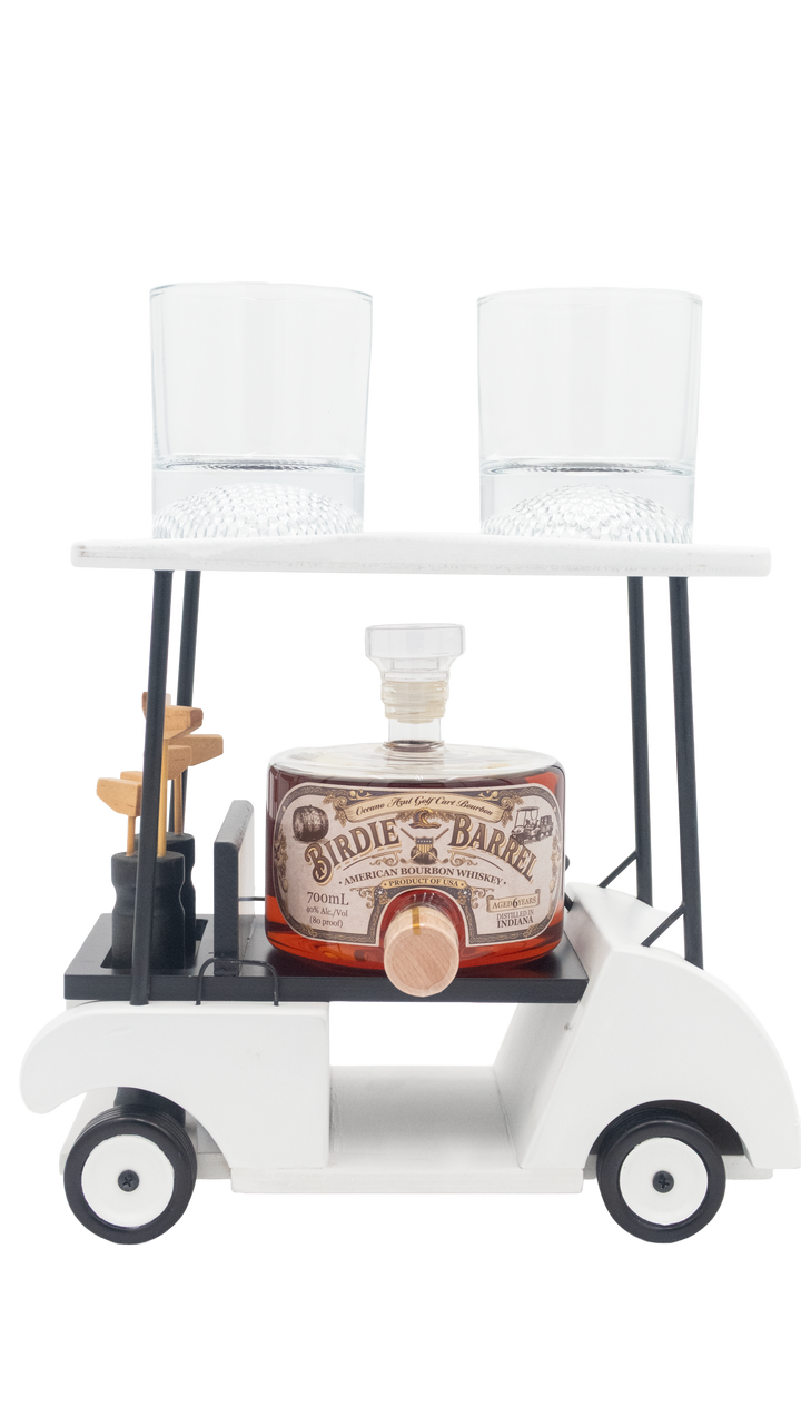 Oceano Azul Birdie Barrel 6 Year Bourbon Whiskey in a white rolling golf cart display with two glasses and decorative golf clubs.
