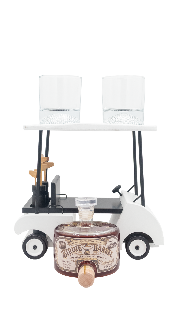 Oceano Azul Birdie Barrel bourbon decanter shown in front of the white golf cart display with two glasses.