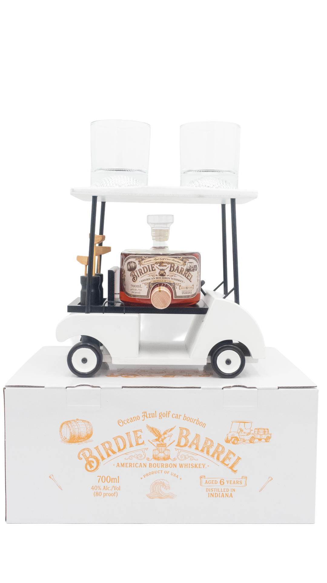 Oceano Azul Birdie Barrel bourbon golf cart set with two glasses displayed on its branded presentation box.