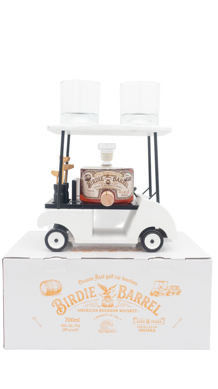 Oceano Azul Birdie Barrel bourbon golf cart set with two glasses displayed on its branded presentation box.