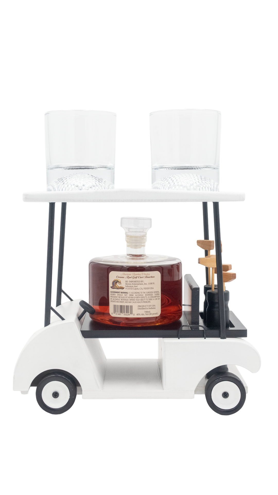 Reverse view of the Oceano Azul Birdie Barrel golf cart display showing the bourbon bottle back label and two glasses.