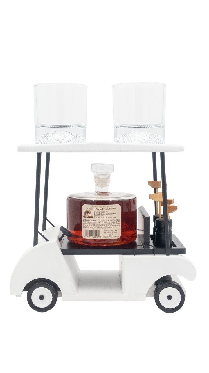 Reverse view of the Oceano Azul Birdie Barrel golf cart display showing the bourbon bottle back label and two glasses.
