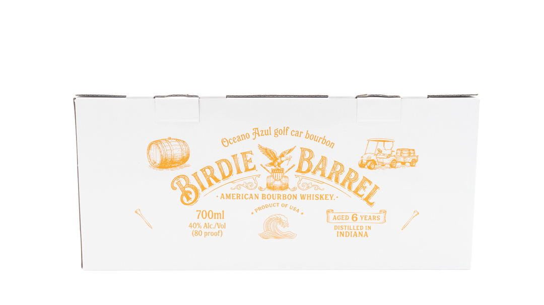 Birdie Barrel American Bourbon Whiskey carton showing 6 years aged, distilled in Indiana, 700ml, and 40% ABV (80 proof).