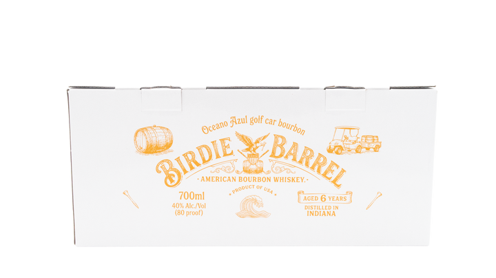 Birdie Barrel American Bourbon Whiskey carton showing 6 years aged, distilled in Indiana, 700ml, and 40% ABV (80 proof).