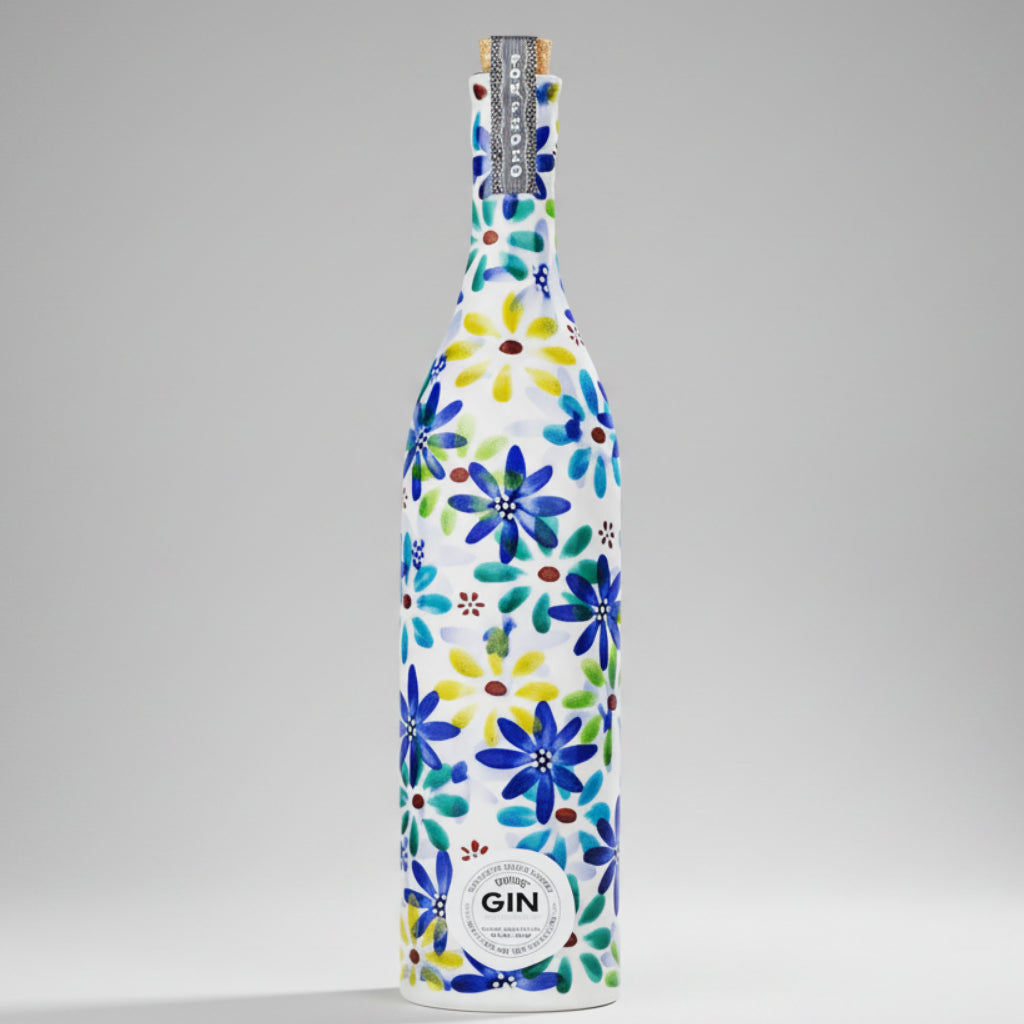 Bottle of gin with a colorful floral pattern on a white background