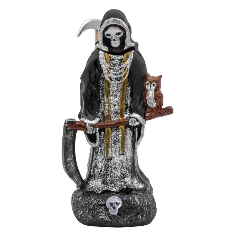 Grim Reaper ceramic design showing its silver-robed side with scythe, owl, and skull base.
