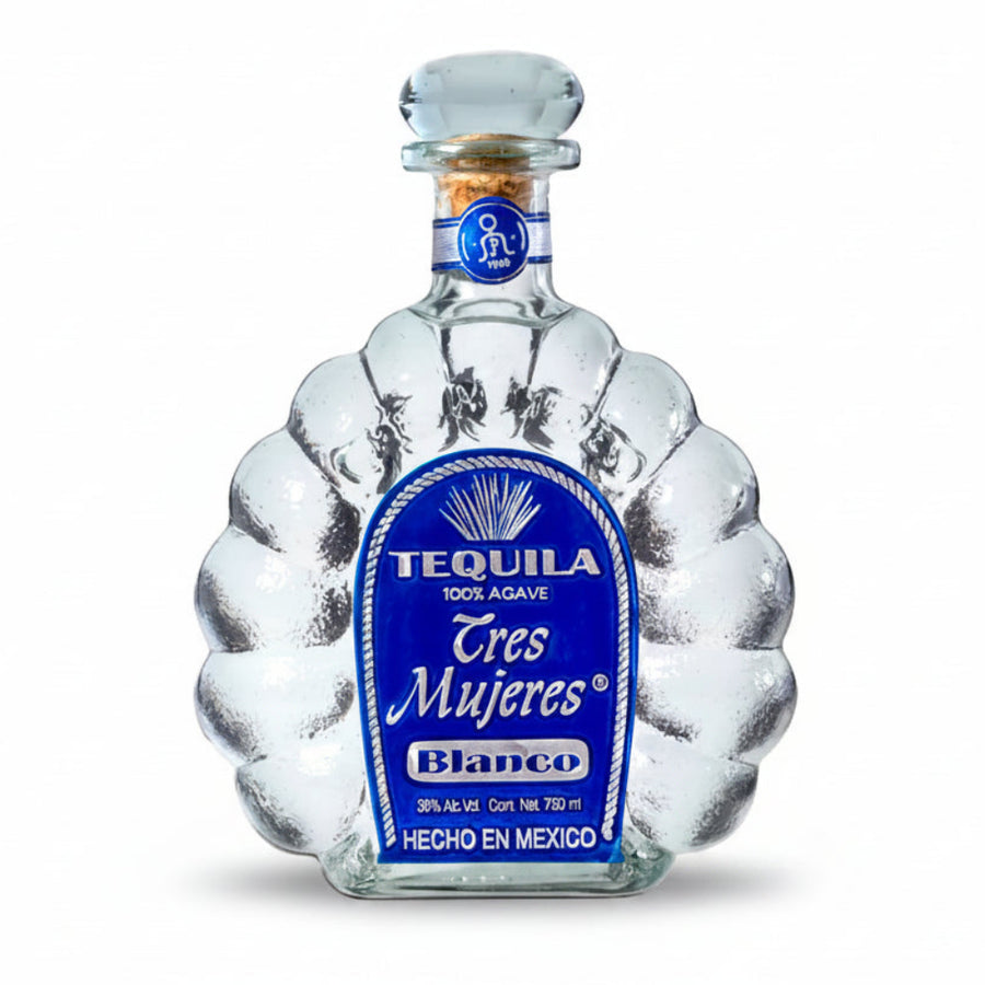 Tequila bottle with blue label on a white background