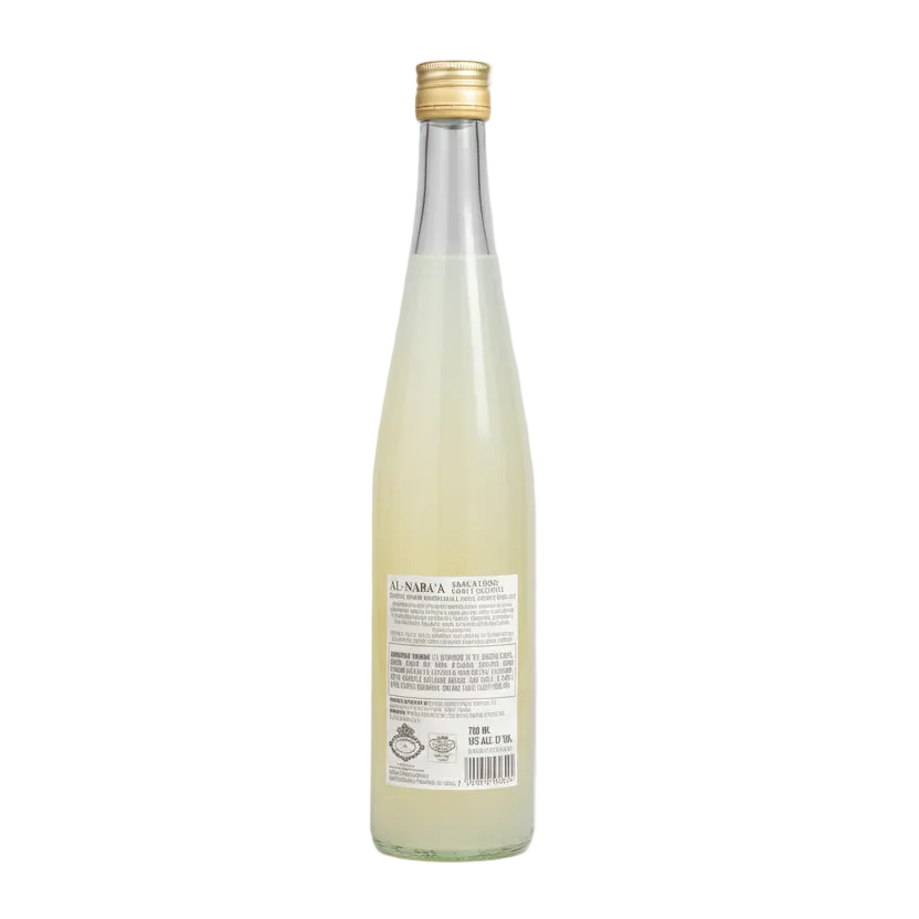 Back of Al Nabaa Arak and Lemon 700ml cocktail bottle showing product information and barcode.