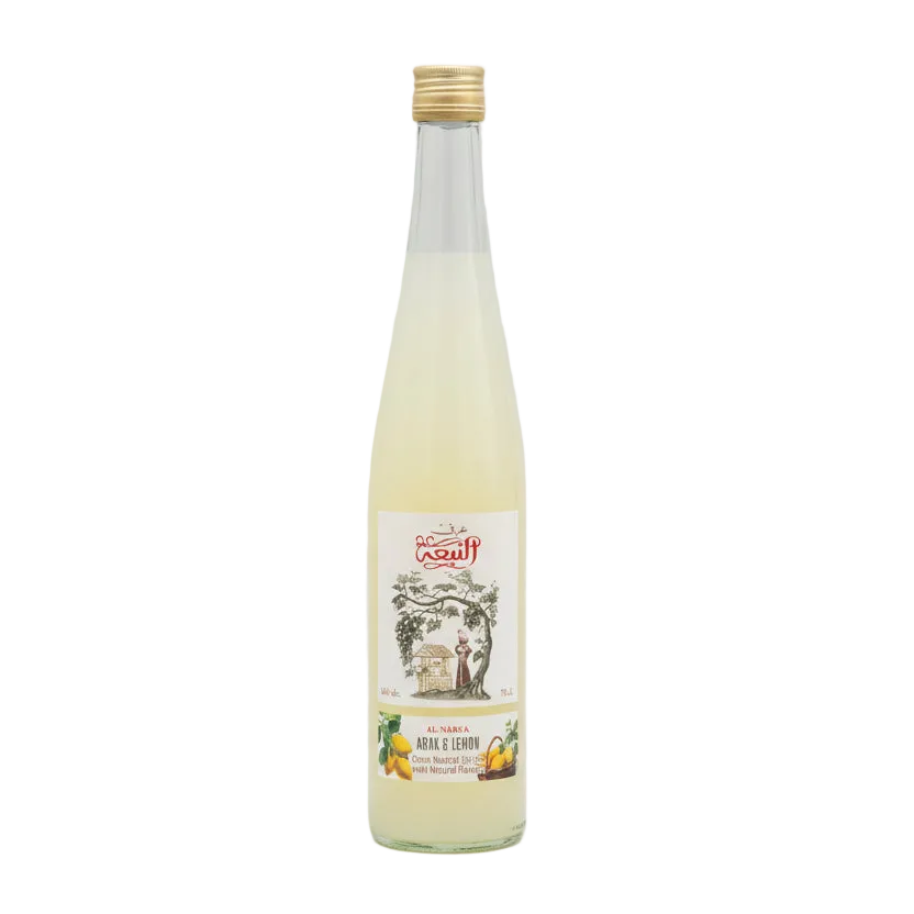 Al Nabaa Arak and Lemon 700ml cocktail bottle with gold cap and illustrated front label.