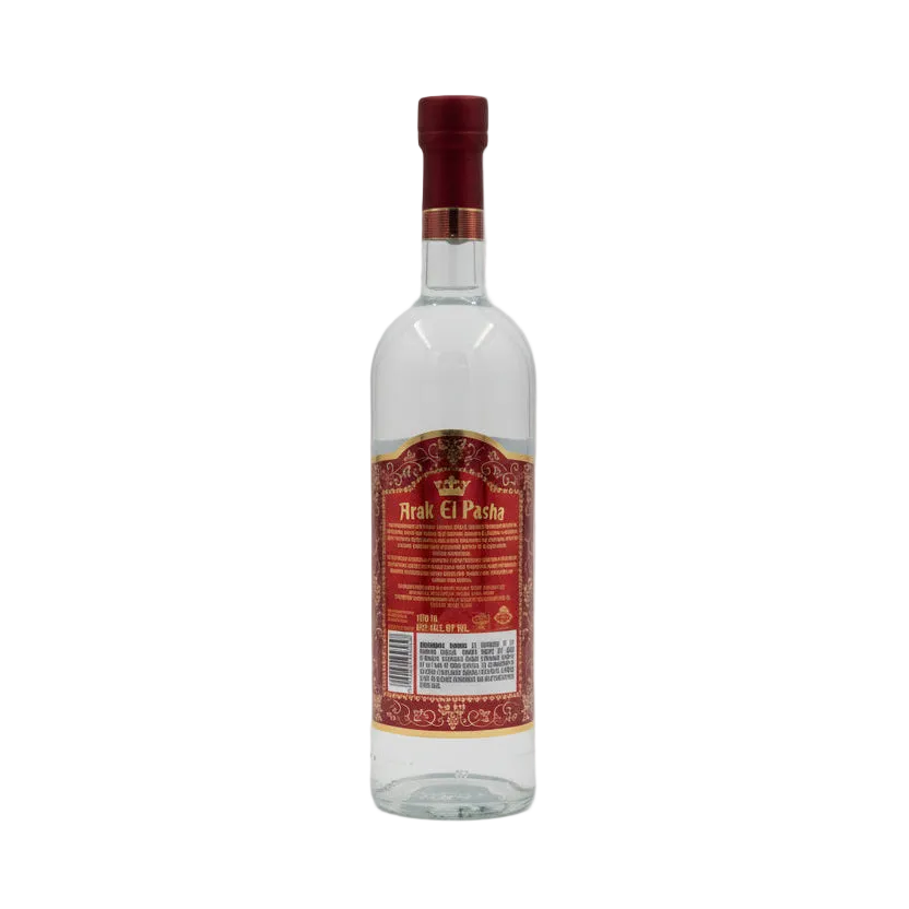 Back of Arak Al Pasha 750ml bottle showing burgundy-and-gold information label and barcode.