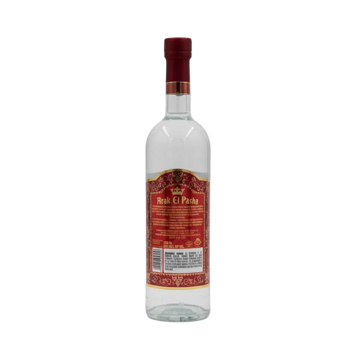 Back of Arak Al Pasha 750ml bottle showing burgundy-and-gold information label and barcode.