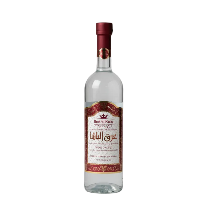Arak Al Pasha 750ml clear bottle with burgundy cap and ornate burgundy-and-gold front label.