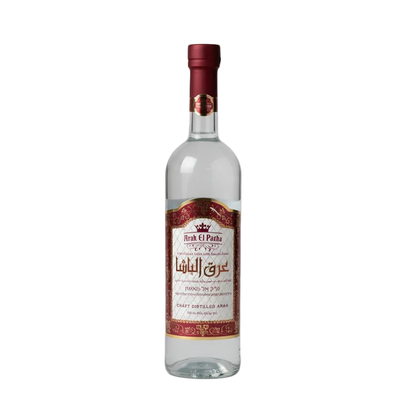 Arak Al Pasha 750ml clear bottle with burgundy cap and ornate burgundy-and-gold front label.