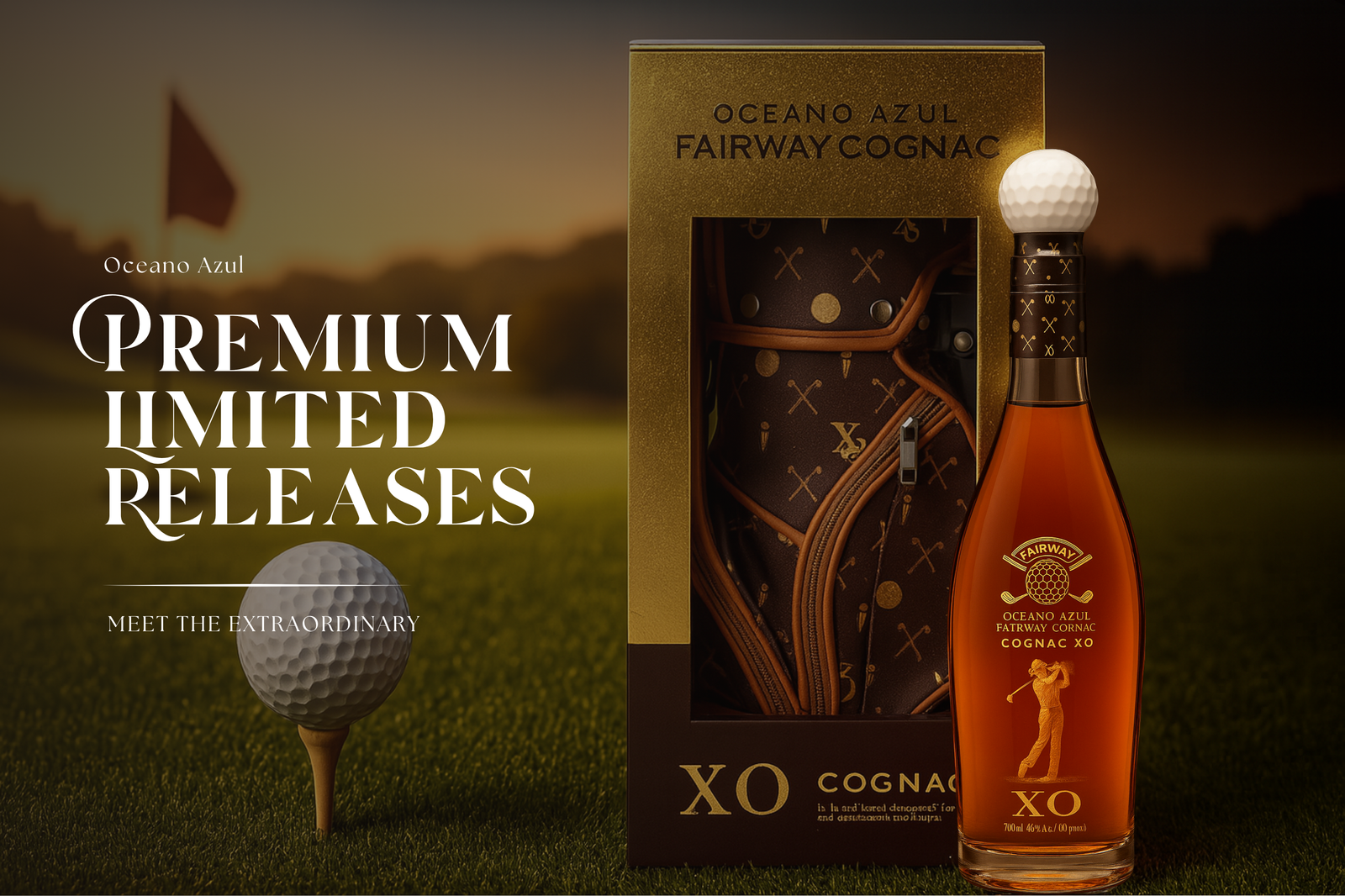 Oceano Azul XO Cognac bottle with packaging and golf ball on a blurred golf course background