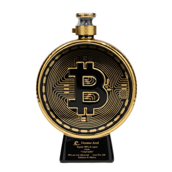 Oceano Azul Bitcoin Cryptoquila tequila bottle with a gold-and-black Bitcoin design.