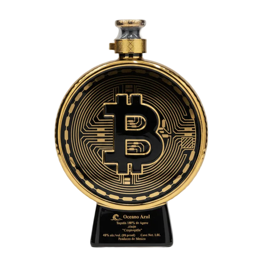 Oceano Azul Bitcoin Cryptoquila tequila bottle with a gold-and-black Bitcoin design.