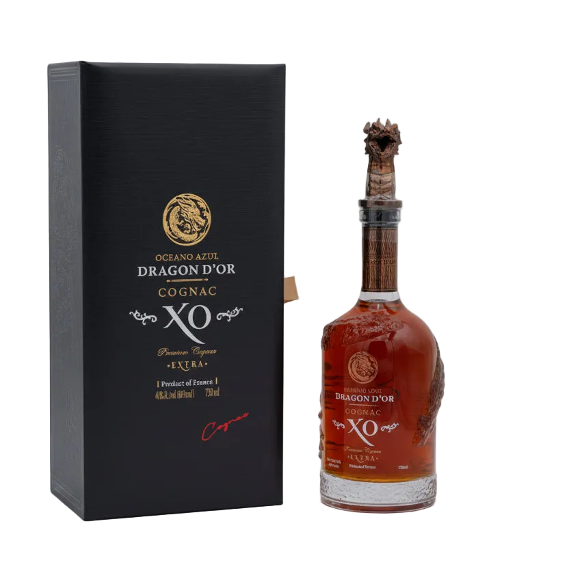 Oceano Azul Dragon D'Or Cognac XO bottle with sculpted dragon stopper beside its black presentation box.