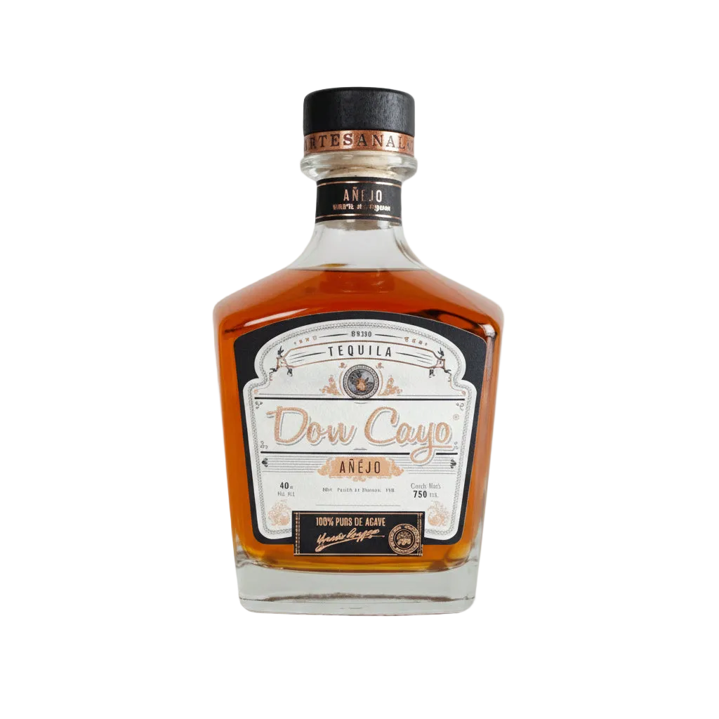 Don Cayo Añejo Double Barrel tequila bottle with amber liquid, white label, and black cap.