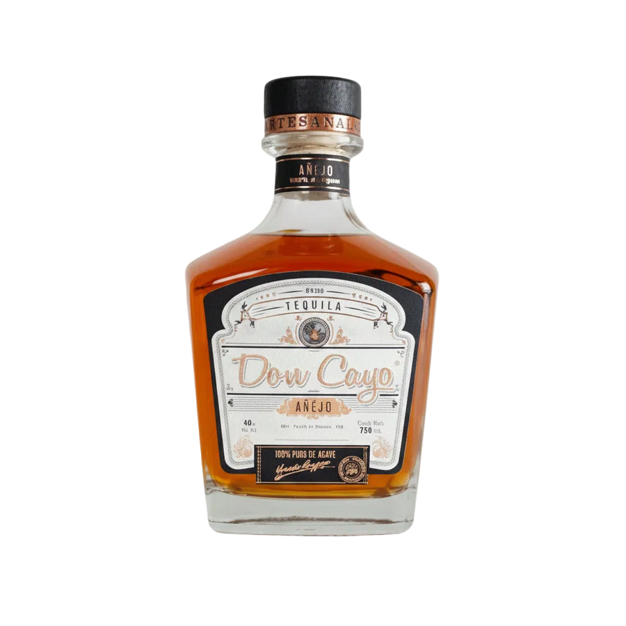 Don Cayo Añejo Double Barrel tequila bottle with amber liquid, white label, and black cap.