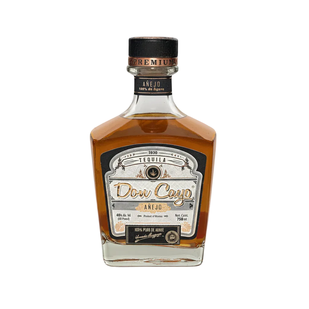 Don Cayo Añejo tequila bottle with amber liquid, white front label, and black cap.