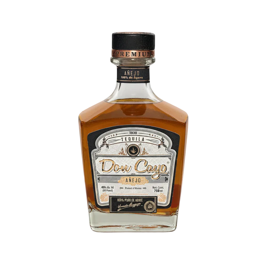 Don Cayo Añejo tequila bottle with amber liquid, white front label, and black cap.