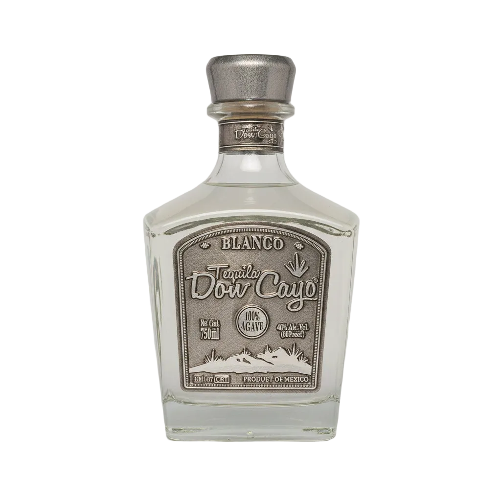 Don Cayo Blanco tequila in a clear bottle with silver-colored stopper and front label.