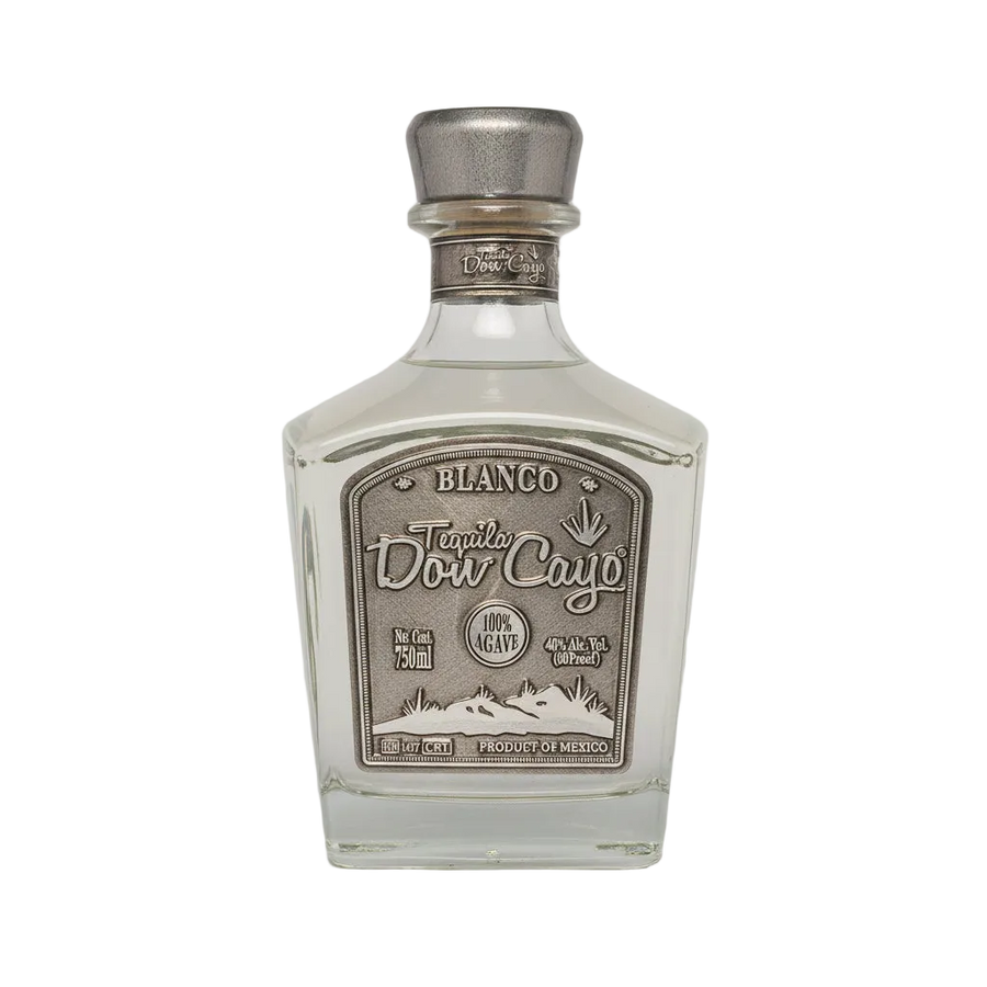 Don Cayo Blanco tequila in a clear bottle with silver-colored stopper and front label.