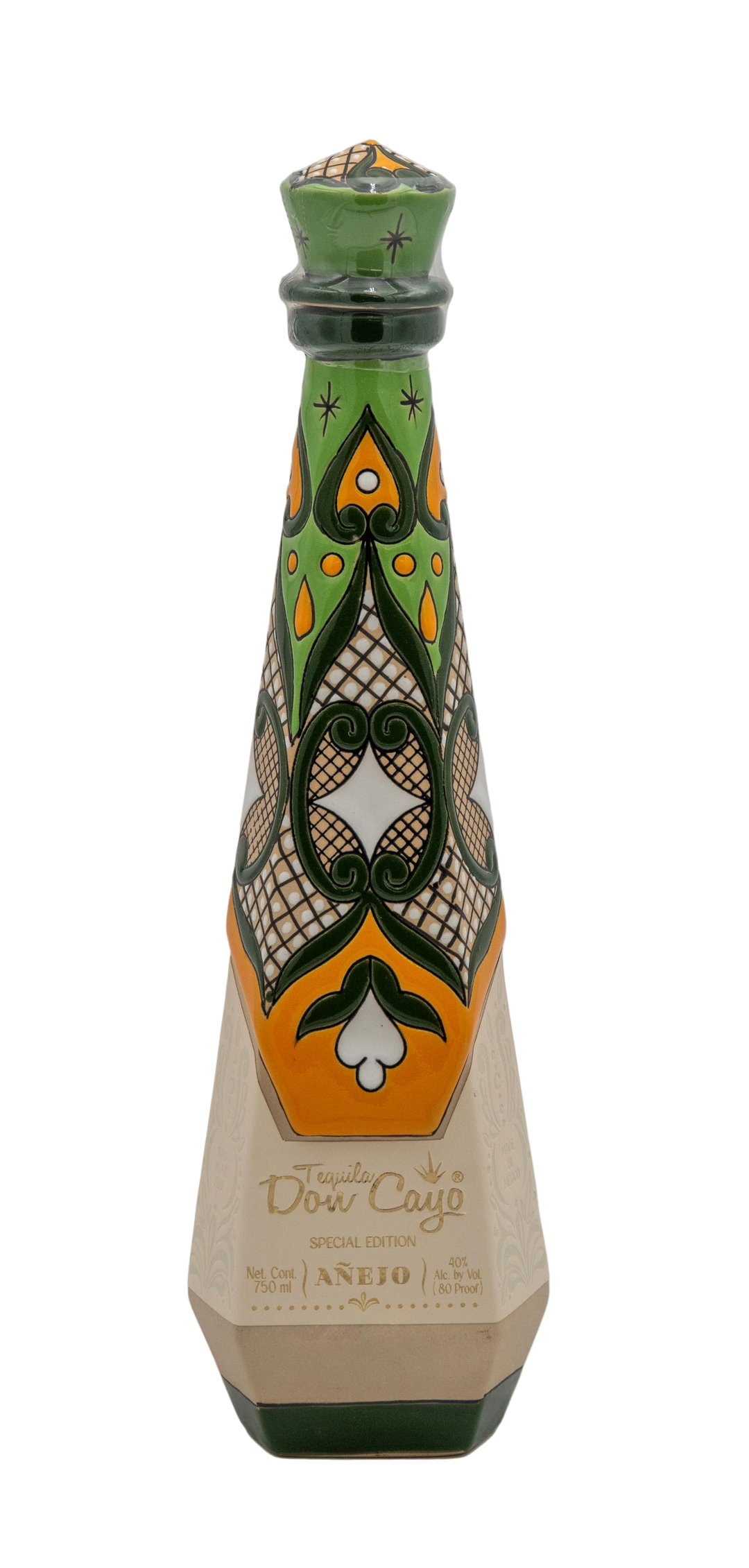 Don Cayo Añejo ceramic tequila bottle with green, yellow, and white decorative patterns.