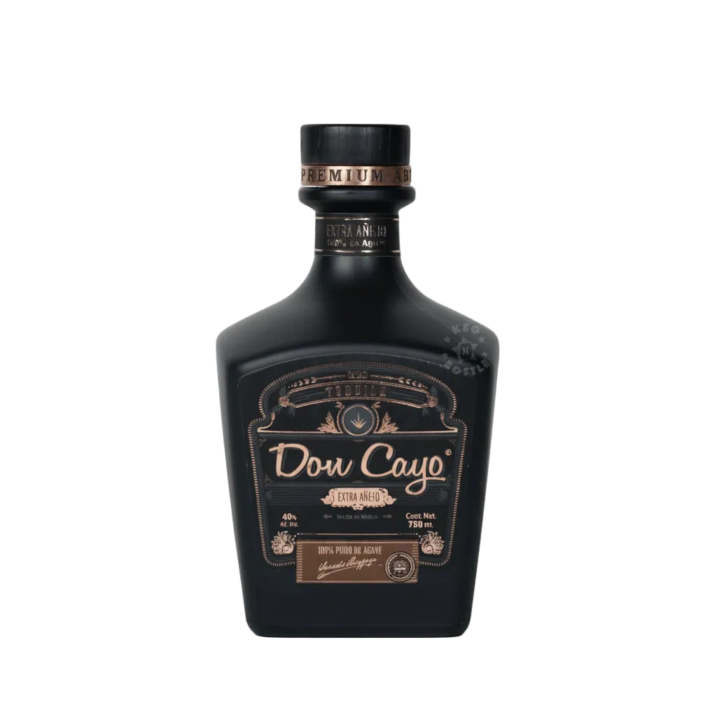 Don Cayo Extra Añejo tequila in a black bottle with gold-toned label and black cap.