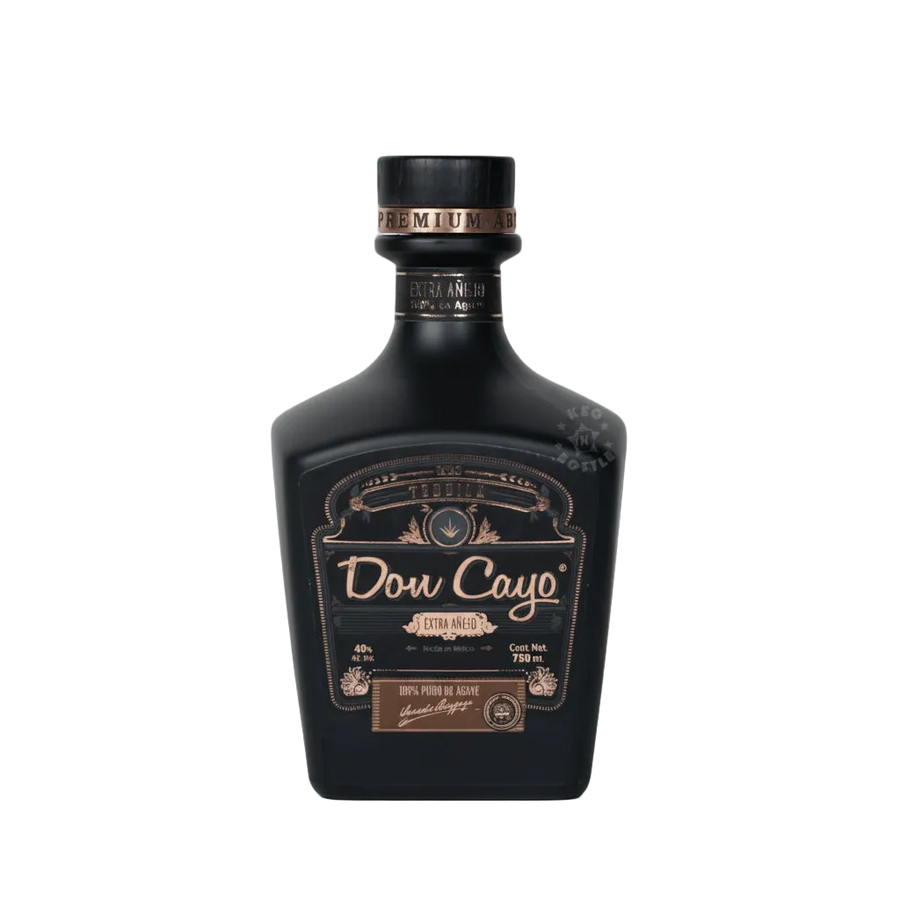 Don Cayo Extra Añejo tequila in a black bottle with gold-toned label and black cap.