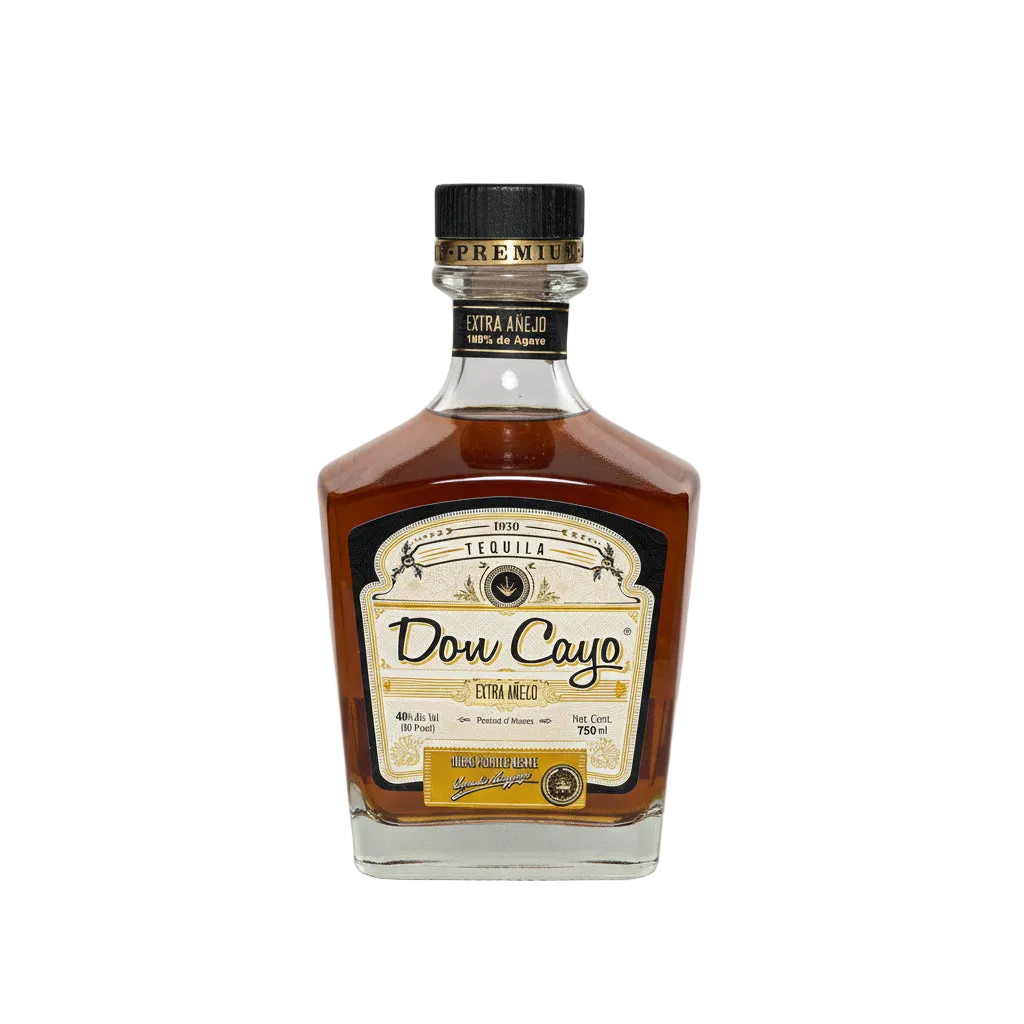 Don Cayo Extra Añejo tequila bottle with amber liquid, gold-colored front label, and black cap.