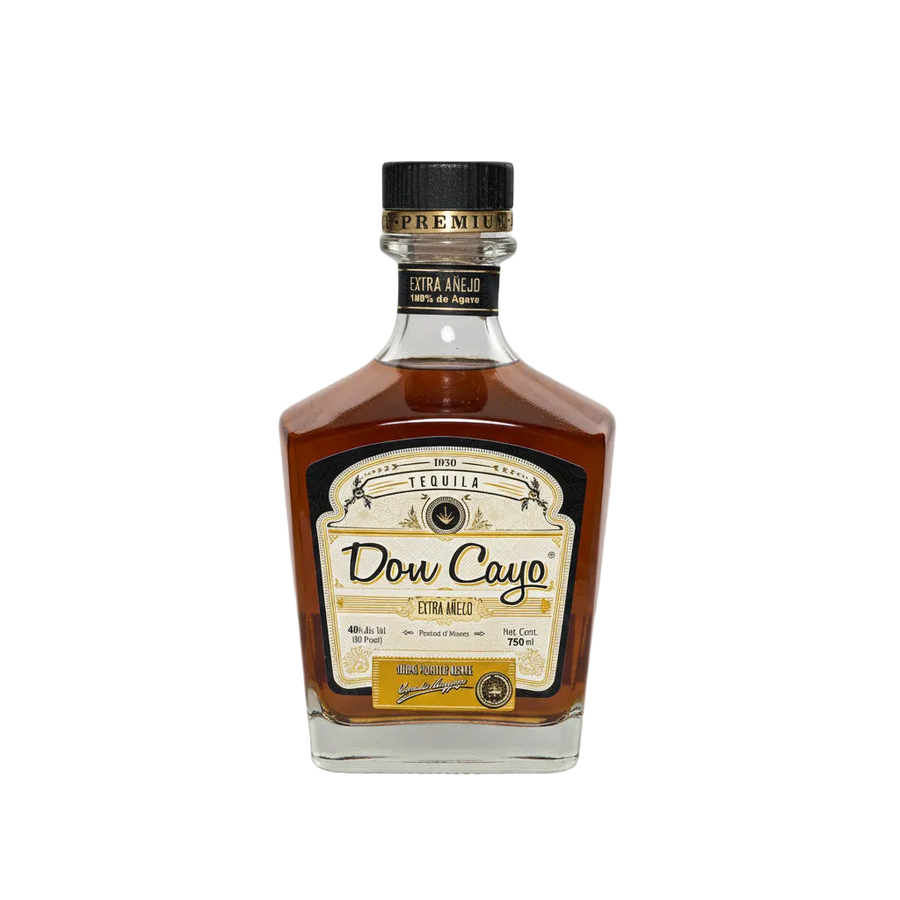 Don Cayo Extra Añejo tequila bottle with amber liquid, gold-colored front label, and black cap.
