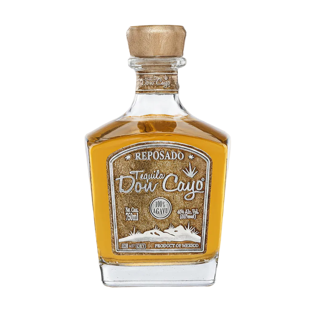 Don Cayo Reposado tequila bottle with golden liquid, tan stopper, and gold-colored label.