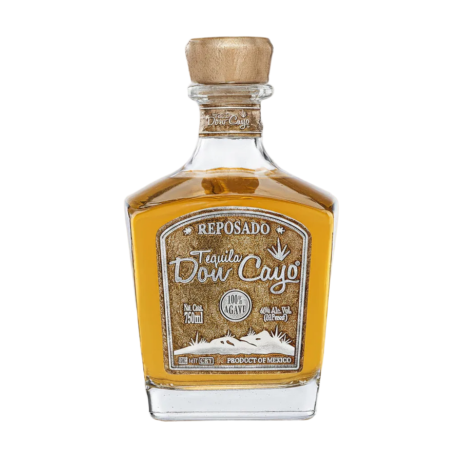 Don Cayo Reposado tequila bottle with golden liquid, tan stopper, and gold-colored label.