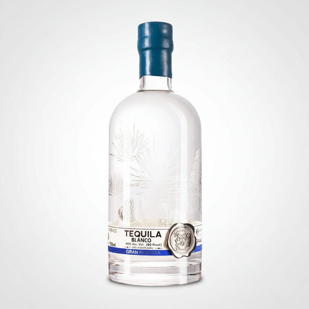 Tequila bottle with blue cap on a white background