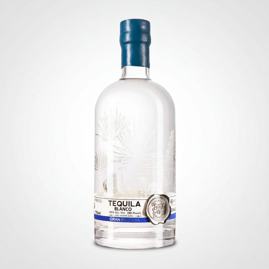 Tequila bottle with blue cap on a white background