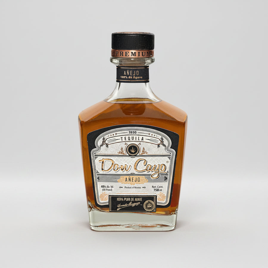 Bottle of Don Cayo tequila on a white background