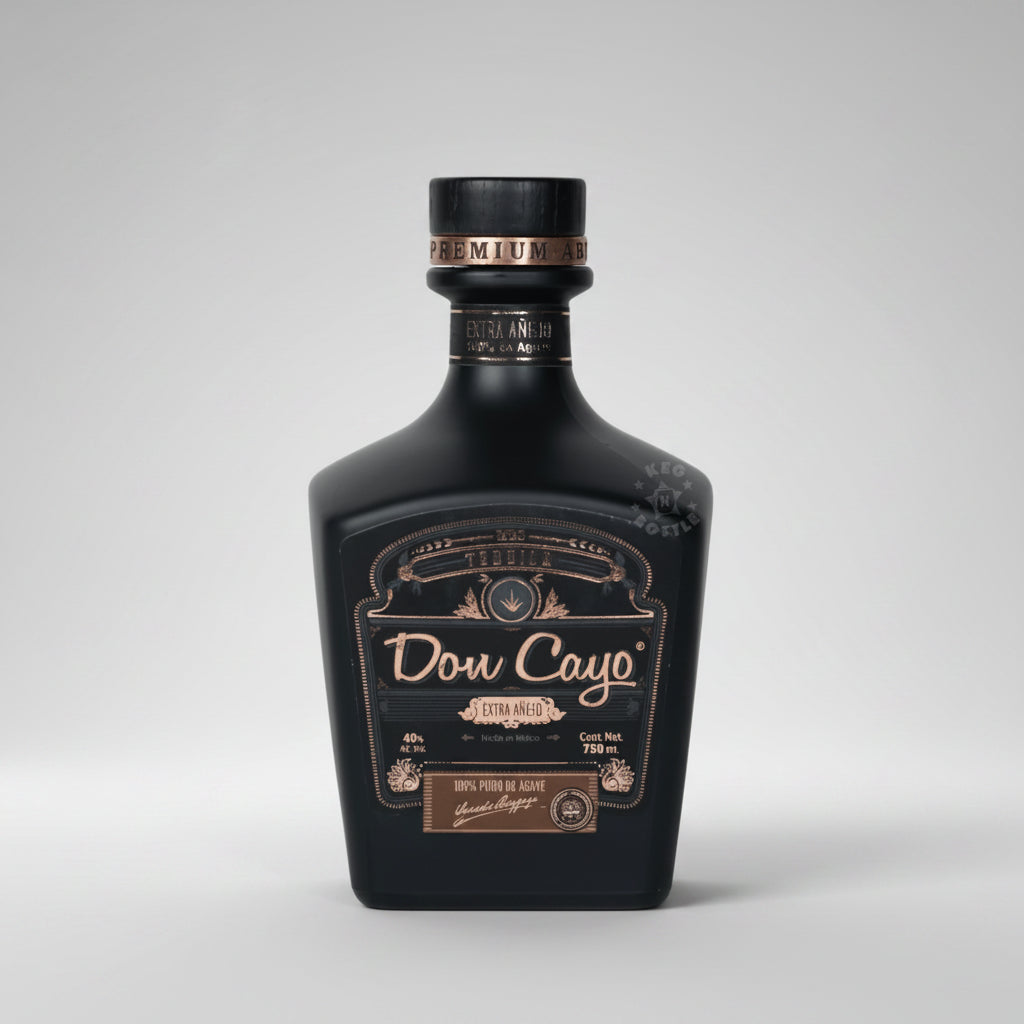 Black bottle of Don Cayo rum with gold label on a white background