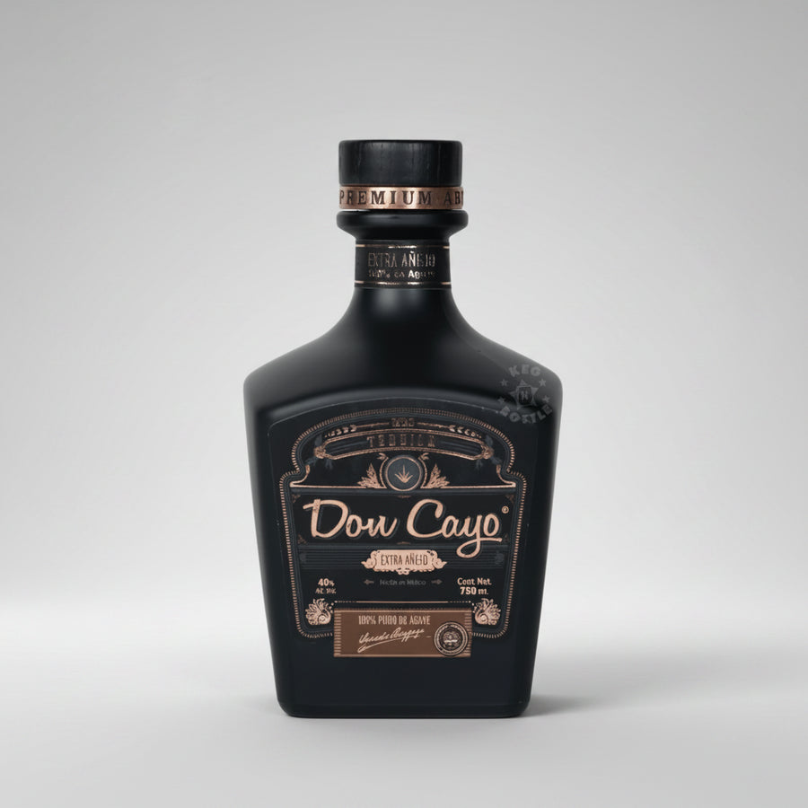 Black bottle of Don Cayo rum with gold label on a white background