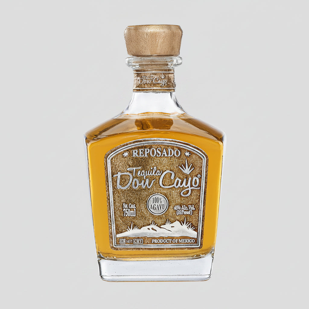 Tequila Don Cayo Reposado bottle with a cork stopper on a white background