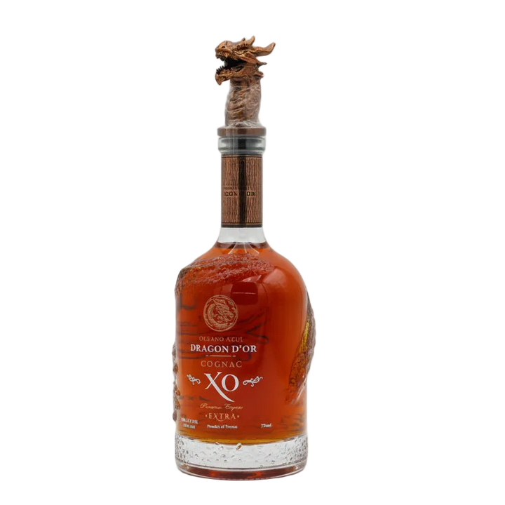 Alternate view of Oceano Azul Dragon D'Or Cognac XO bottle with dragon stopper in profile.