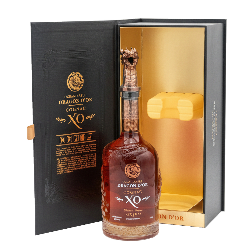 Oceano Azul Dragon D'Or Cognac XO bottle in front of its open black presentation box with gold lining.