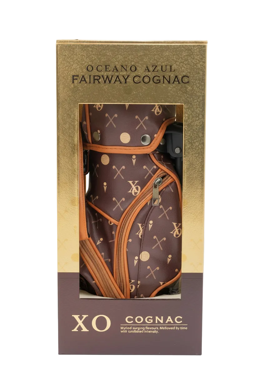 Oceano Azul Fairway Cognac XO golf bag in its gold and brown presentation box.