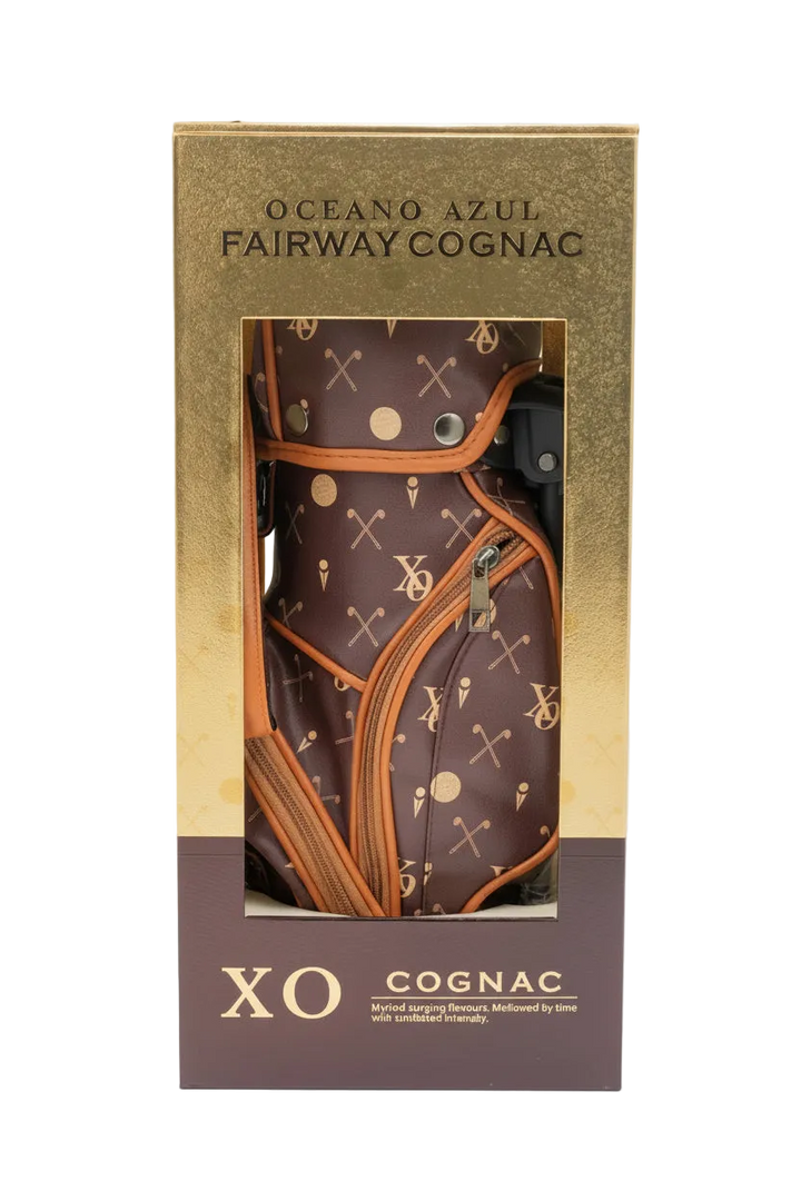 Oceano Azul Fairway Cognac XO golf bag in its gold and brown presentation box.