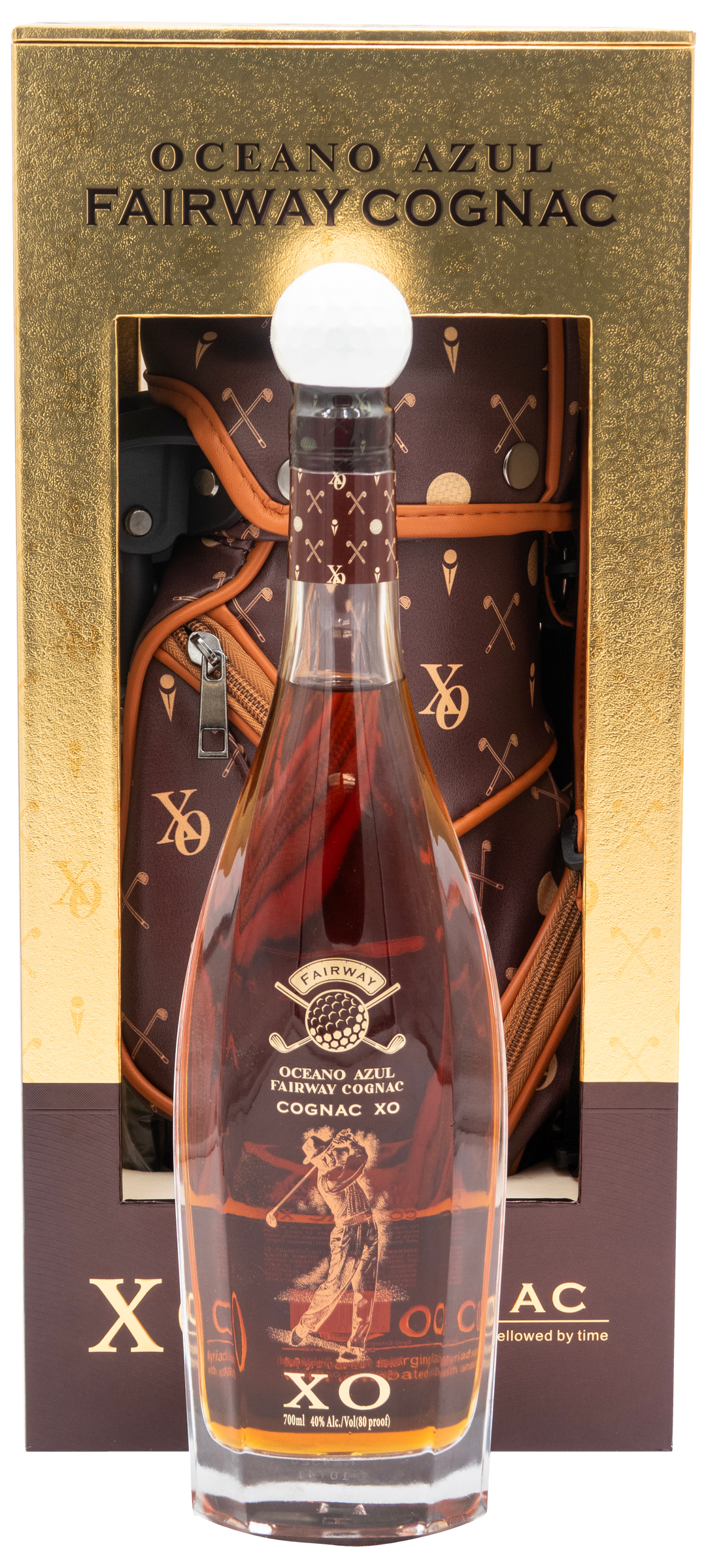 Oceano Azul Fairway Cognac XO bottle with its gold and brown presentation box, front view.