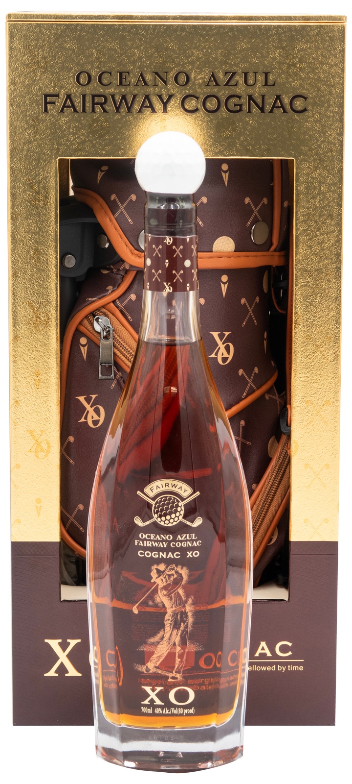 Oceano Azul Fairway Cognac XO bottle with its gold and brown presentation box, front view.