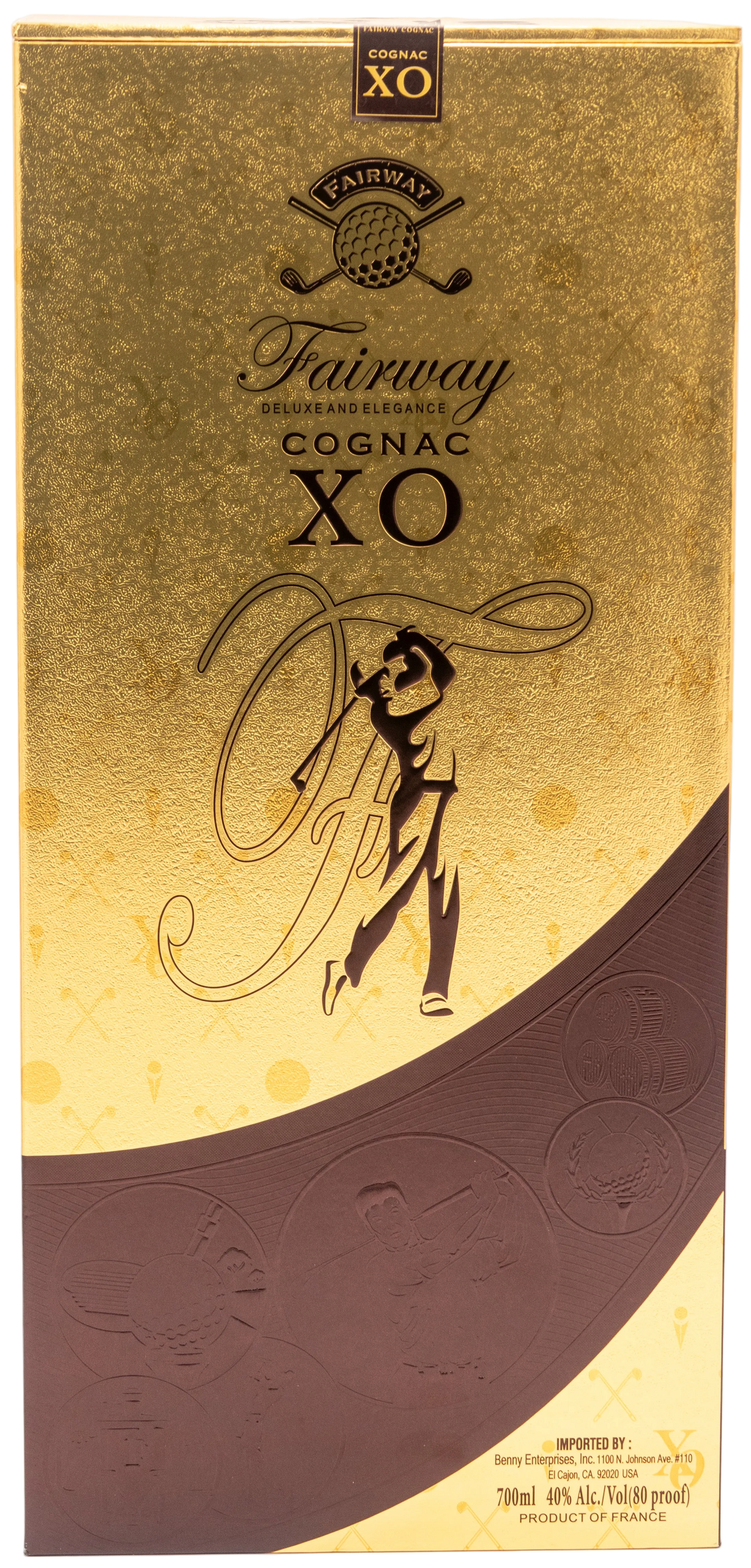 Gold and brown Oceano Azul Fairway Cognac XO presentation box, side panel detail.