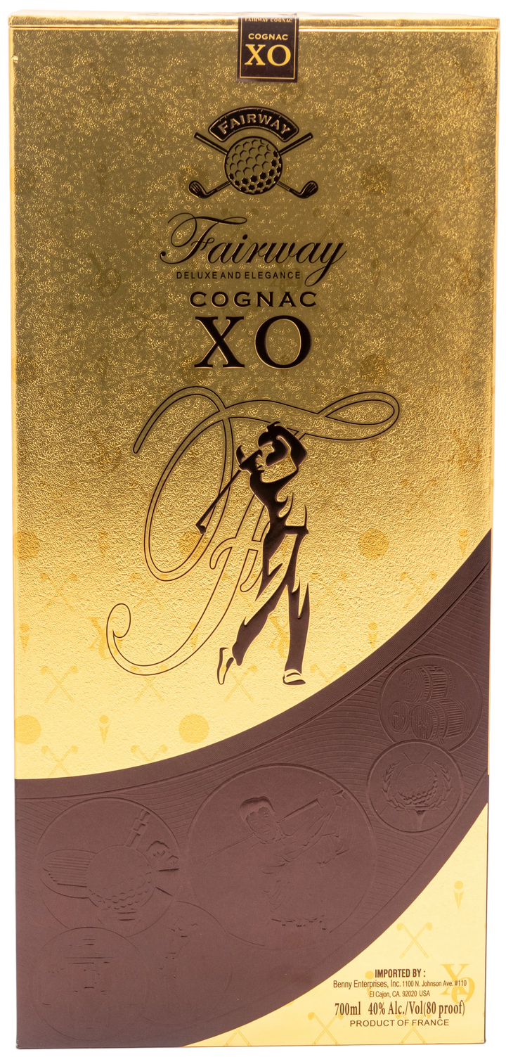 Gold and brown Oceano Azul Fairway Cognac XO presentation box, side panel detail.