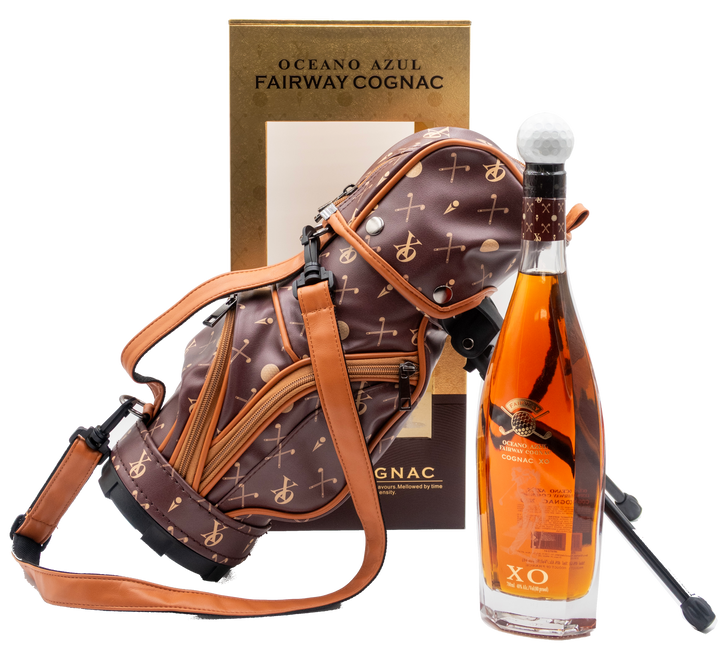 Oceano Azul Fairway Cognac XO bottle beside its patterned golf bag and gold presentation box.